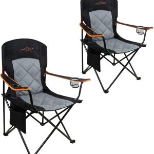 FAIR WIND 2 Pack Oversized Fully Padded Camping Chair Heavy Duty Quad Fold Arm Chair Support 350 LBS with Cup Holder, Collapsible Lumbar Back Chair Portable for Outdoor, Black
